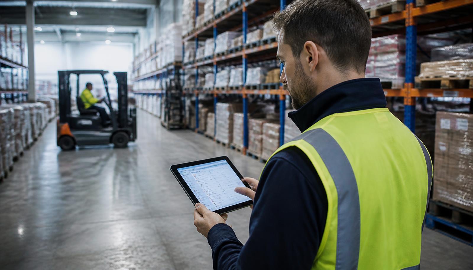 Coordonator logistic verificând comenzile pe tabletă într-un depozit de distribuție retail, cu paleți și stivuitor